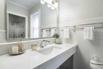 Fototapeta na wymiar sink and mirror in a white bathroom. Generative AI