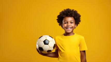 Youthful Enthusiasm - Young School Boy Enjoying a Game of Football with a Beaming Smile. Sport and Leisure for Kids with Copy Space