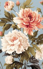 Flower and plant. Floral classic seamless print in shabby chic style. Flowers vector illustration: peony, rose, aster, leaves and plants for background, pattern and wallpaper. Generative AI.