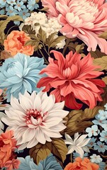 Flower and plant. Floral classic seamless print in shabby chic style. Flowers vector illustration: peony, rose, aster, leaves and plants for background, pattern and wallpaper. Generative AI.