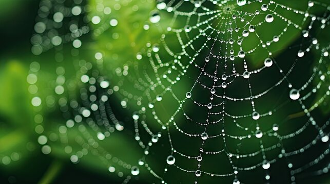  a spider web covered in water droplets on a green leaf.  generative ai