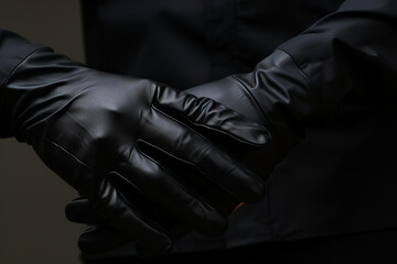 Person wearing black gloves and black jacket with black background. - obrazy, fototapety, plakaty