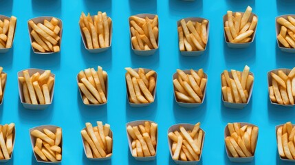 Crispy Indulgence - Top View of French Fries in Paper Boxes on a Blue Background, Forming a Seamless and Artistic Culinary Design. Seamless pattern