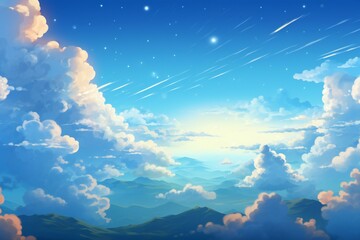 Cartoon blue sky with white clouds.