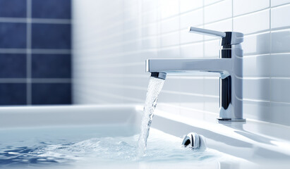 Water flows from a water tap into a large modern bathtub against a white blue mosaic wall. water tap pouring hot water in a bath tub with steam - obrazy, fototapety, plakaty