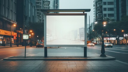 Modern Electronic Advertising Kiosks and Scoreboard on City Street: Mock-Up of Vertical Street Poster Billboard in Blank Copy Space