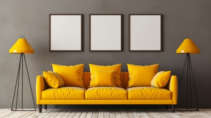 Modern Interior Design Template featuring 3 Poster Frames in Mock Living Room with Yellow Couch, Wooden Planters, and Standing Light: 3D Rendered