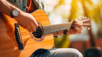 Passionate Musician Strums Soulful Melodies on Acoustic Guitar Outdoors