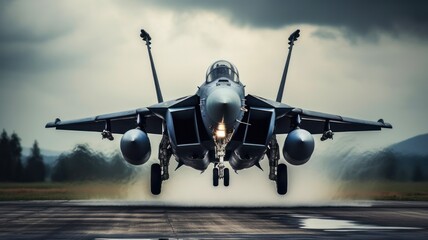 Powerful American Air Force Fighter Jet Takes Flight in Brilliant Blue Sky - obrazy, fototapety, plakaty