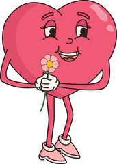 Groovy lovely hearts stickers. Valentines day. In love and happy heart character in trendy retro 60s 70s 80s cartoon style. Vector illustration in pink colors. Doodle drawing.