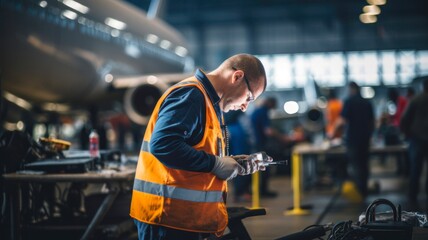 Professional Aircraft Engineer Monitoring Maintenance with Computer in High-Tech Hangar