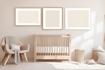 Photo scene baby room with frames, natural colors, minimalism