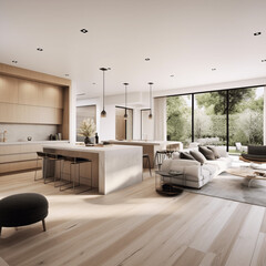 Ein modernes, minimalistisches Innendesign mit eleganten Möbeln und einer neutralen Farbpalette sowie einem offenen Wohnraum, der mit einer geräumigen Küche verbunden ist und in natürliches Licht geta