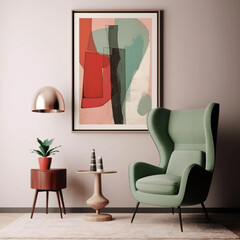 Hellgrüner Stuhl vor weißer Wand mit großem Kunstplakatrahmen. Innenarchitektur eines modernen Wohnzimmers aus der Mitte des Jahrhunderts