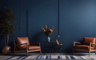 Modern cozy living room with two chair and little table, deep blue wall background, interior design.