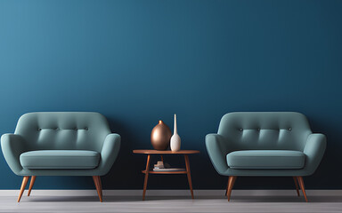 Modern cozy living room with two chair and little table, deep blue wall background, interior design.