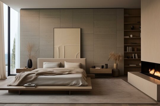 Minimalist stylish bedroom with earthy color palette. Generative AI