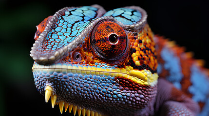 Close-up of a chameleon, display of his colorful body