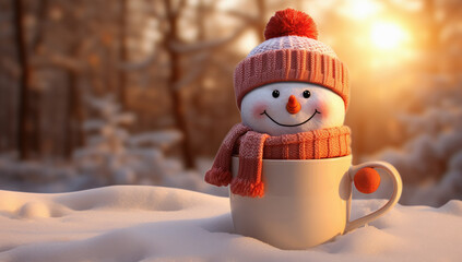 muñeco de nieve con bufanda y gorro de lana roja en el interior de una taza blanca de cafe, sobre fondo de bosque nevado con sol de atardecer - obrazy, fototapety, plakaty