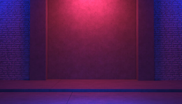 Abstract empty concrete stage with brick backwall, industrial interior or background template, 3d illustration