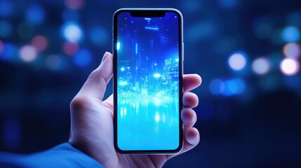 Glowing Digital Connection - Smartphone in Neon, Woman's Hand Holding a Phone with an Empty Screen, Isolated on Blue, Close-Up, Copy Space