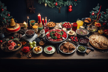 Obraz na płótnie Canvas Thanksgiving Food and Dessert for party invitation, Christmas party celebration with dinner meal on table, Happy new year and Xmas scene, wooden table full of food and treats.