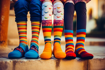 Group of people with colorful socks on their feet and feet. - Powered by Adobe