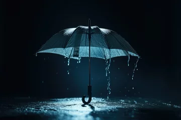 Fotobehang  an umbrella with rain drops falling from it on a dark background.  generative ai © Oleg