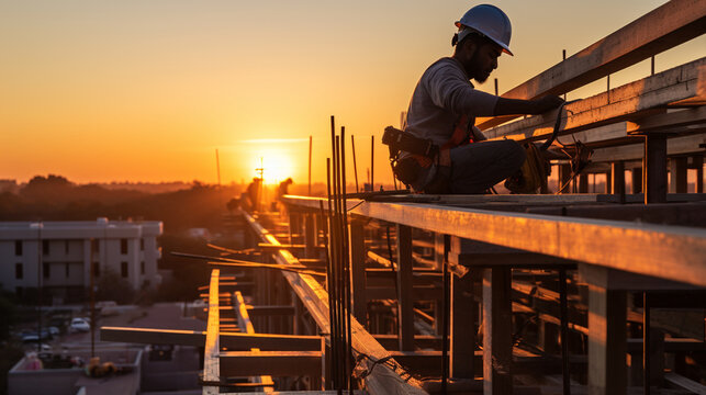 A silhouette of construction workers against a vibrant sunset, accentuating the beauty of labor and industry