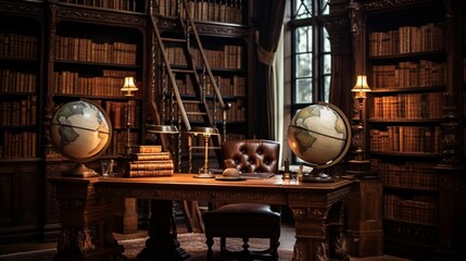 a cozy, retro library with dimmed lighting, leather-bound books, and an antique globe on an oak desk.