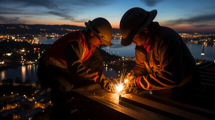 A dramatic twilight image of welders creating sparks high above the city while working on a bridge construction project - obrazy, fototapety, plakaty