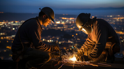 Fototapeta premium A dramatic twilight image of welders creating sparks high above the city while working on a bridge construction project