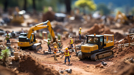 A creative tilt-shift photograph of a miniature construction site, making heavy machinery seem like toys on a sandbox