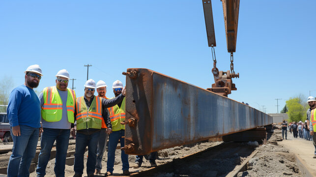 A group of construction workers guiding a massive steel beam into place, highlighting the precision and teamwork involved