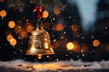 A close-up of a gold bell with a red ribbon hanging from a Christmas tree against a dark, blurred, holiday glow background with bokeh lights and snow, at night.
