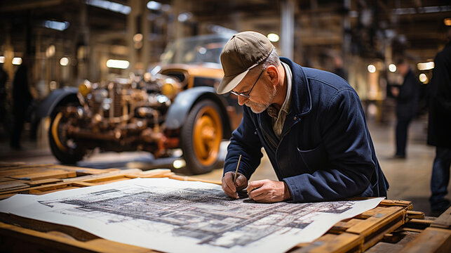 A construction manager examining blueprints under the hood of a vintage car at a construction site, juxtaposing old and new technologies