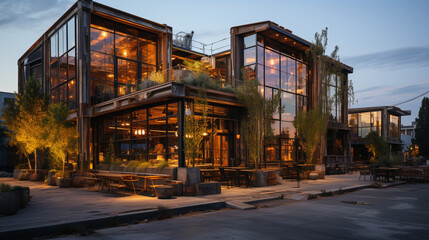 Obraz premium A striking contrast between an abandoned industrial site and a modern, repurposed space, showcasing the revitalization of urban areas