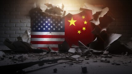 Tension in Symbols - The Flags of USA and China on a Cracked Background, Signifying the Diplomatic Crisis Between Washington and Beijing - obrazy, fototapety, plakaty