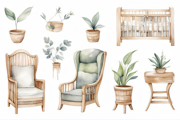 Set of baby furniture isolated on white; scandinavian style, natural materials furniture, minimalism, watercolor illustration.