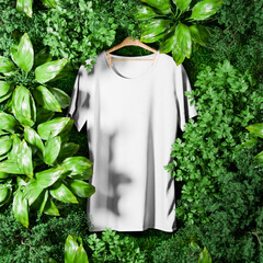 White Gray T-Shirt in the with surrounding Green jungle with trees and plant For mockup 3D Render