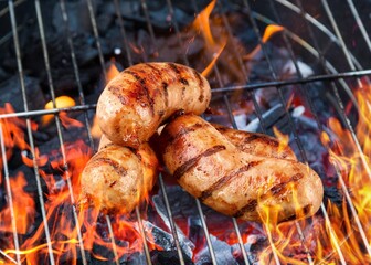 Grilled juicy tasty hot sausages on a grill