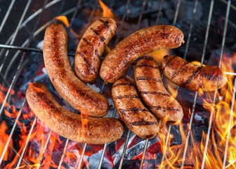 Grilled juicy tasty hot sausages on a grill