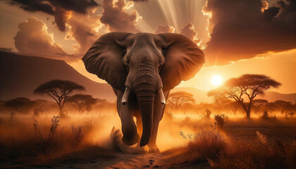 Elefante en la Luz del Atardecer Africano
Generative AI - obrazy, fototapety, plakaty