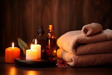 Obraz na płótnie Canvas A beautiful massage room for complete relaxation. Candles, oil and towels create a wonderful relaxing atmosphere.