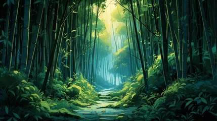 Zelfklevend Fotobehang A dense bamboo forest with colors transitioning from dark green to vibrant green. © Fahad