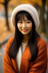 Bright portrait of a young Asian girl in an orange cardigan with a beret in an autumn park with yellow leaves