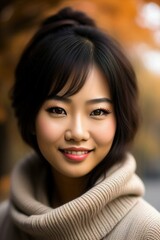 Bright close-up portrait of a young cute Asian girl in an autumn park with yellow leaves