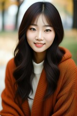 Bright portrait of a young Asian girl in an autumn park