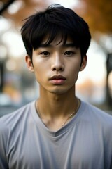 Close-up portrait of a young Korean man in a gray t-shirt in autumn