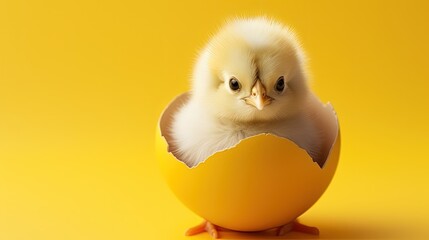 Adorable Easter Chick in a Yellow Eggshell - obrazy, fototapety, plakaty